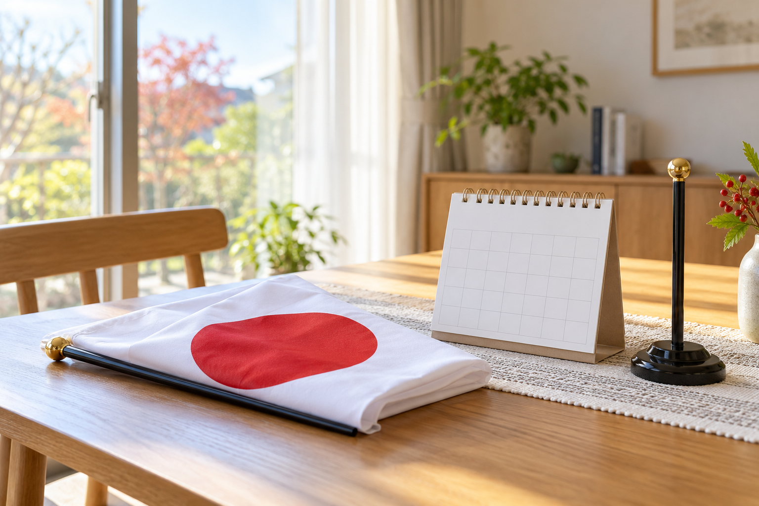 国旗と旗立て、日付の書かれていないカレンダーを置いた明るいテーブル