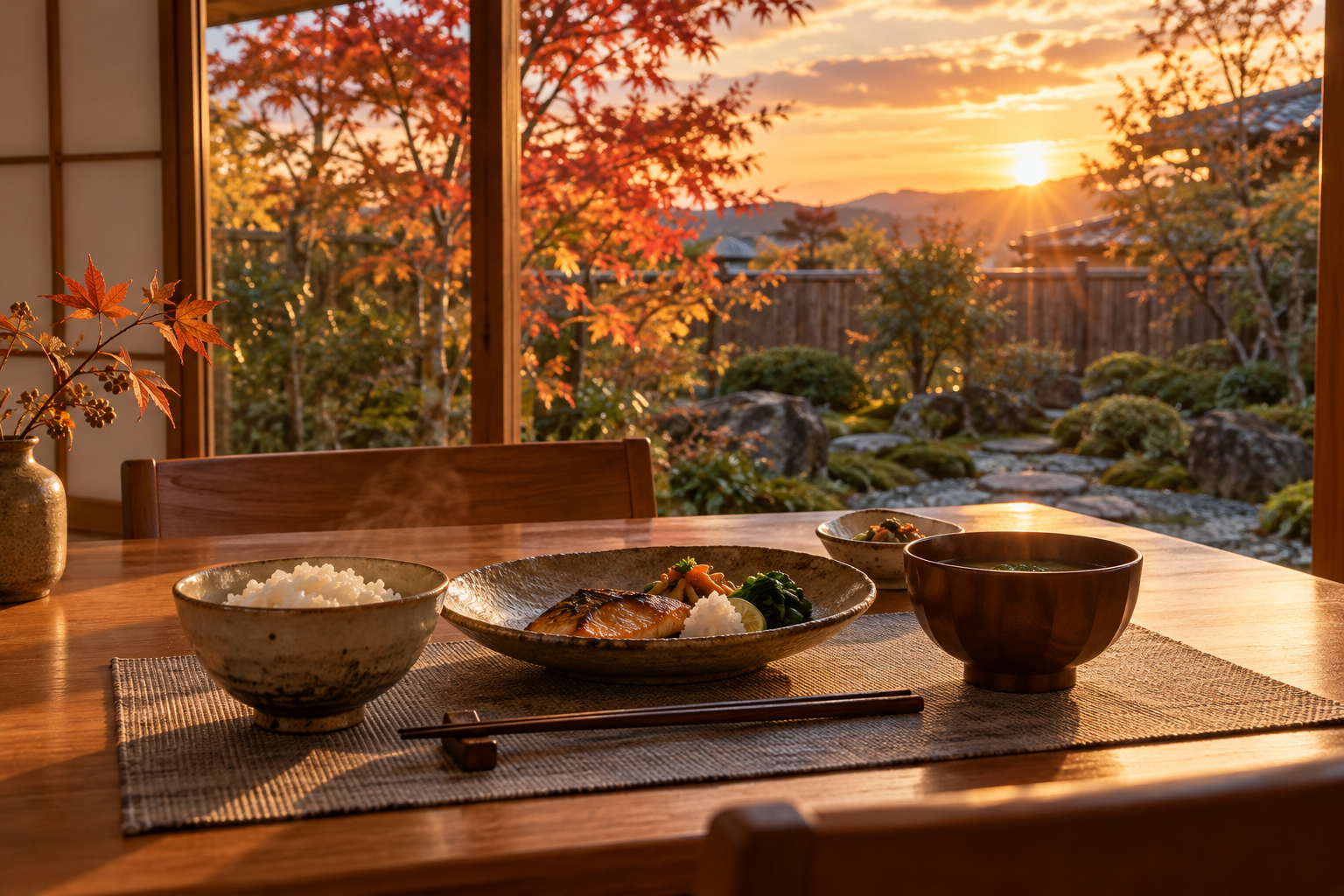 夕日に照らされた秋の庭を望む食卓とごはん