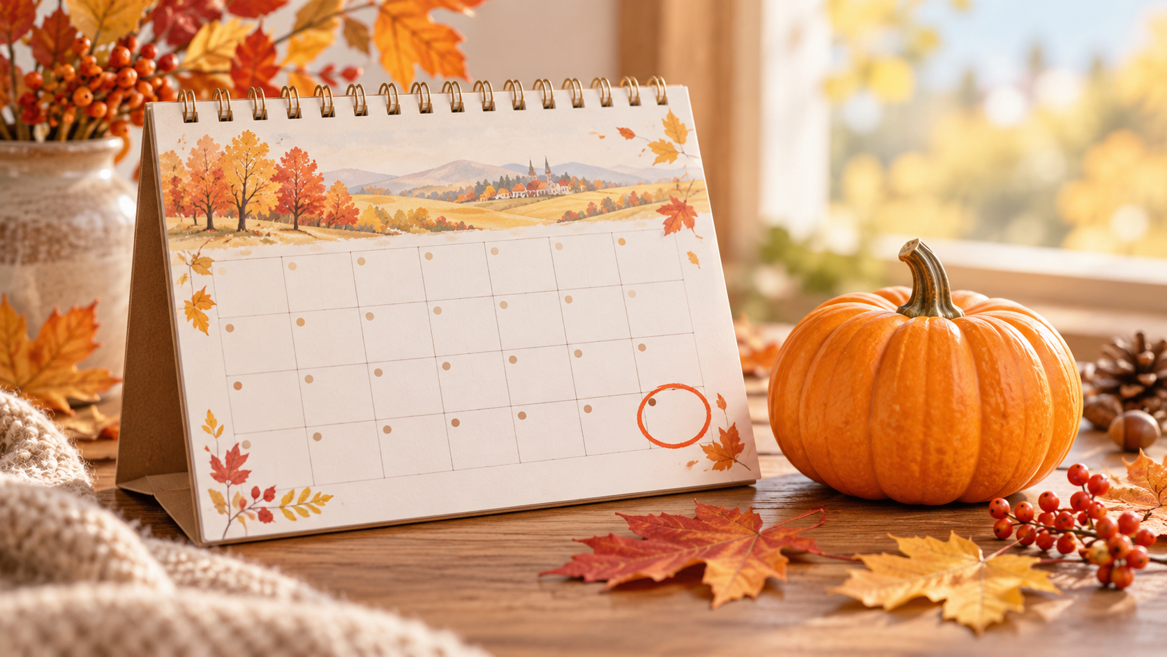 10月のカレンダーと小さなかぼちゃ、秋の葉