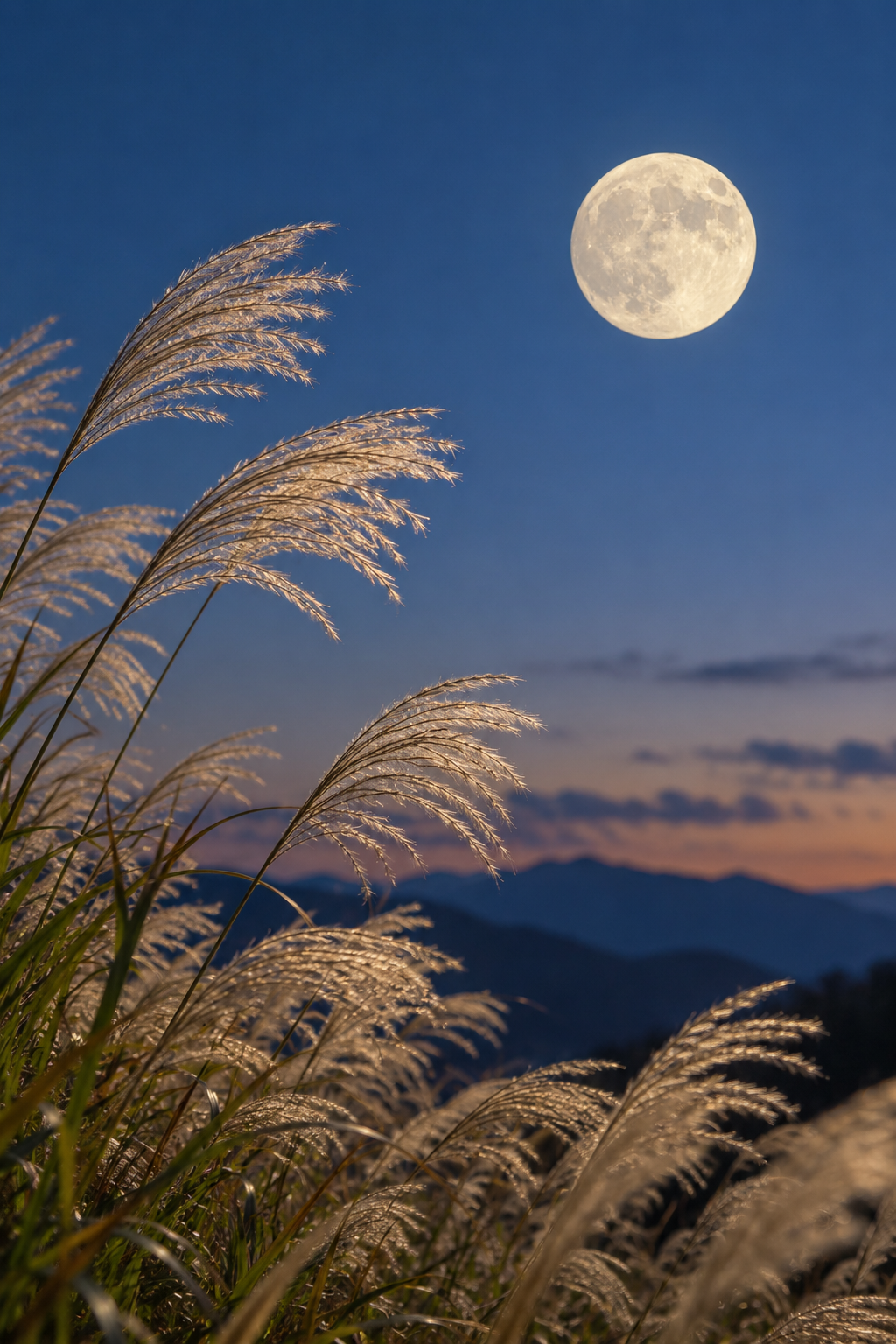 秋の夜空に見える月とすすき