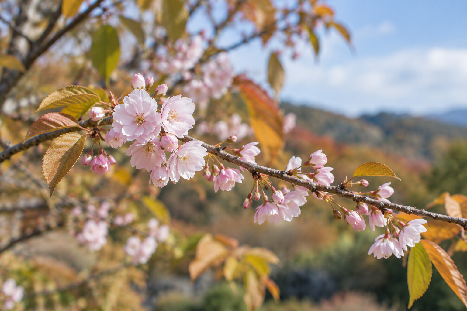 つぼみと淡い花をつけた十月桜の枝