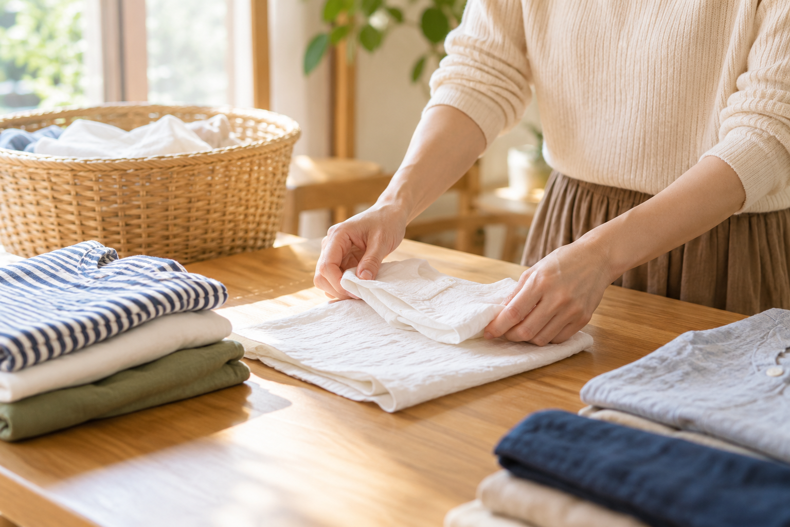 洗って乾かした夏服を衣替えでたたむ手元