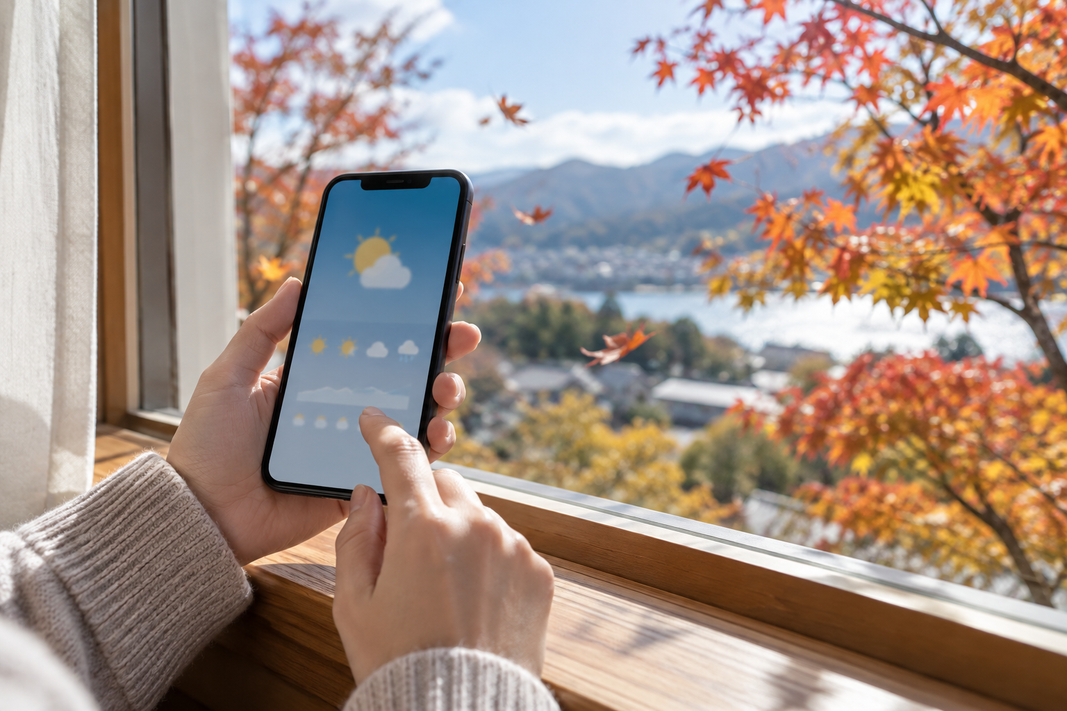 秋の窓辺で風の予報をスマートフォンで確認する手元