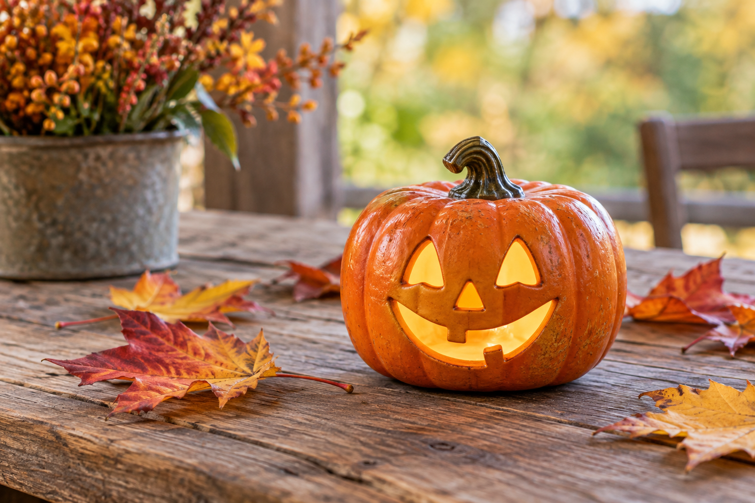 木のテーブルに置かれたハロウィンのかぼちゃ飾りと秋の葉