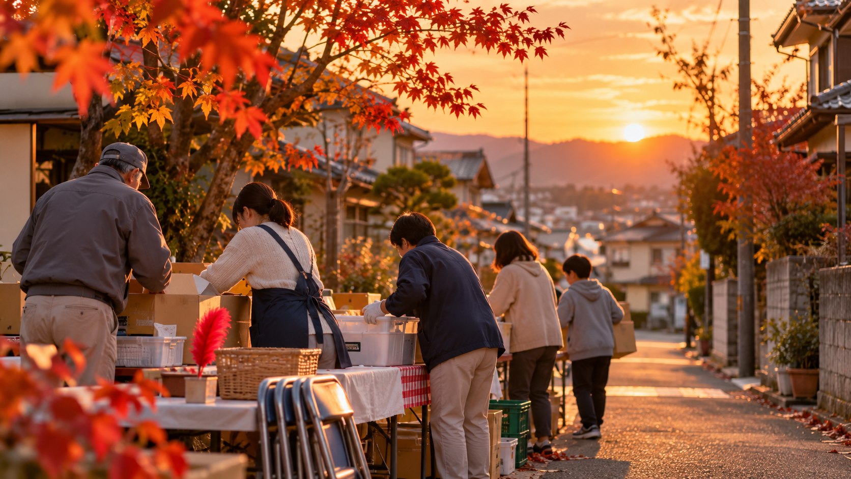 秋の地域行事を片づける住民と赤い羽根