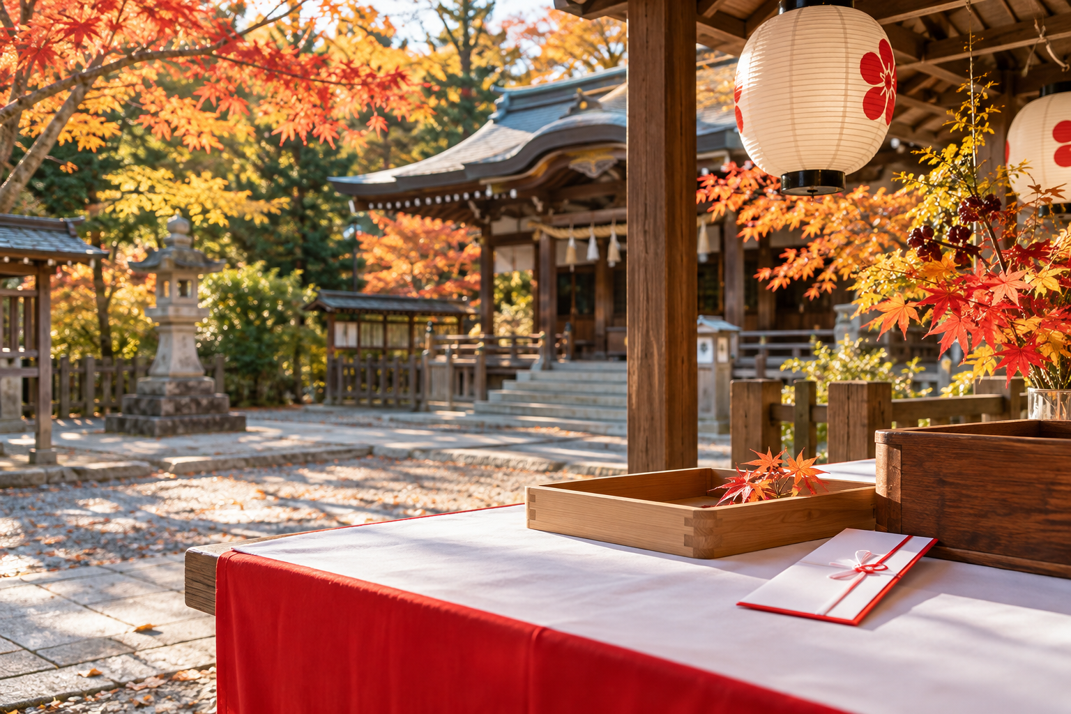 秋の神社境内に用意された祭りの受付台と金封