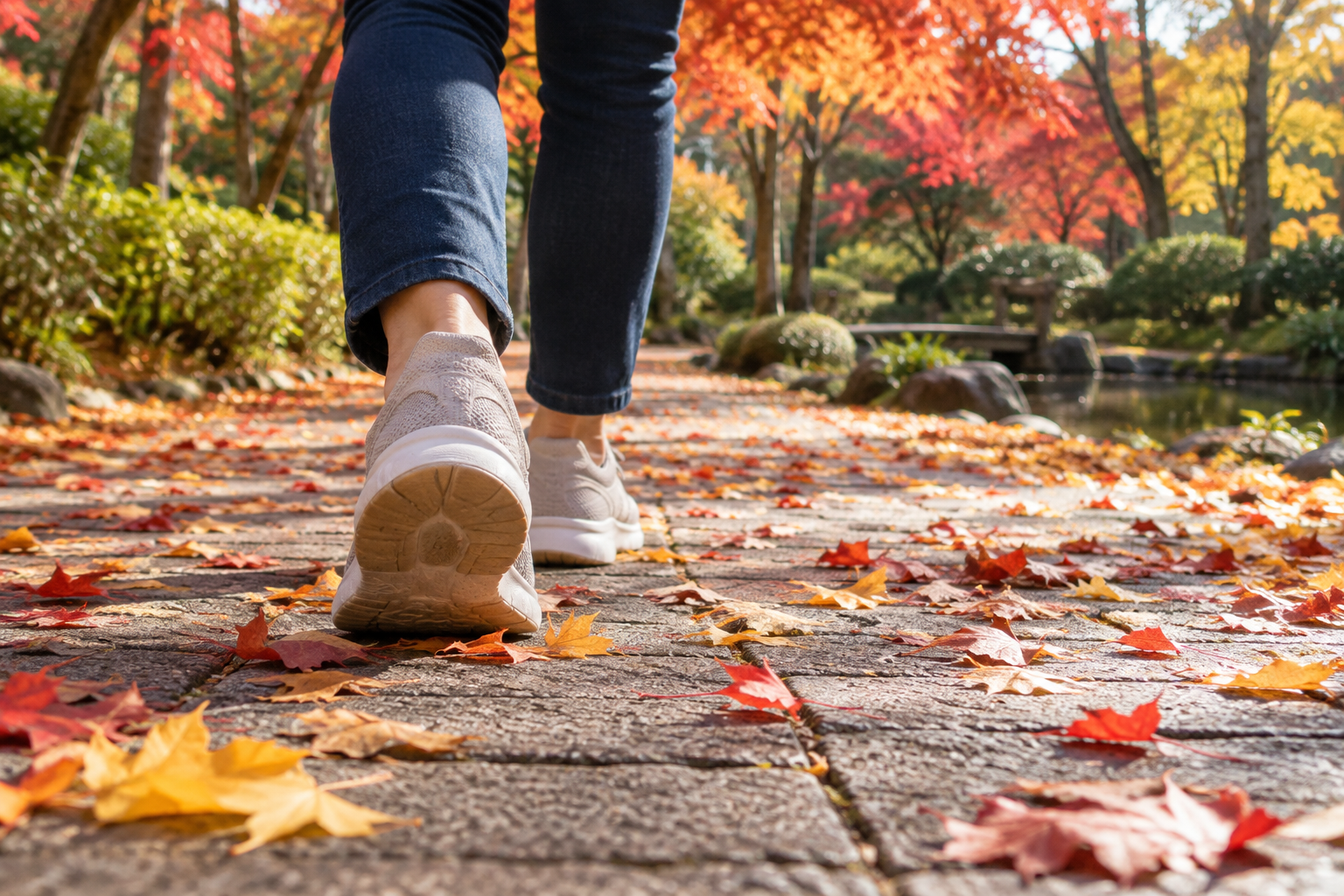 落ち葉のある公園道を歩く履き慣れたスニーカーの足元