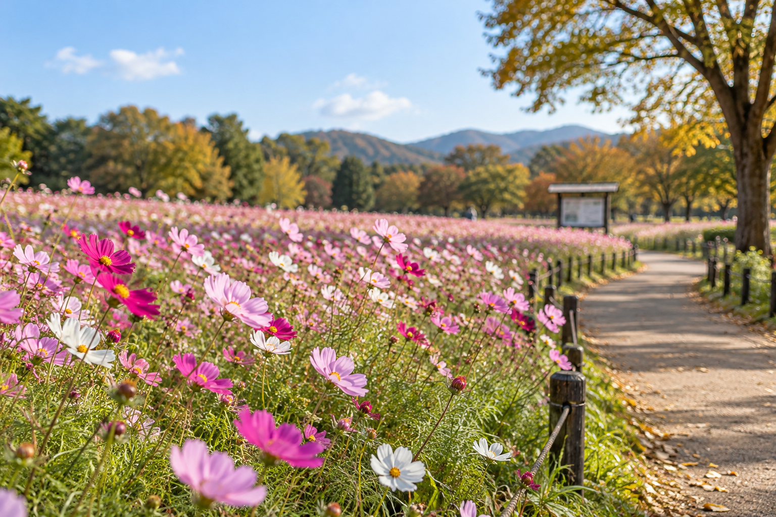 ピンクと白のコスモスが続く公園の花畑と散策路