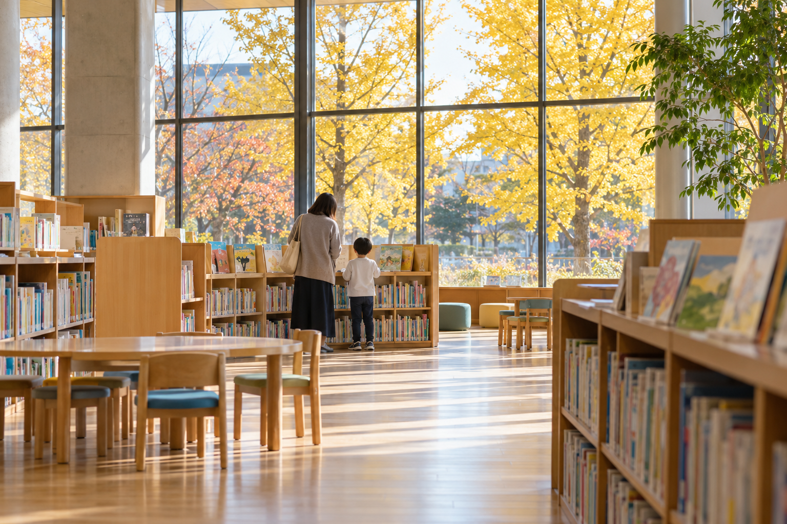 秋の光が入る図書館で本を見る親子