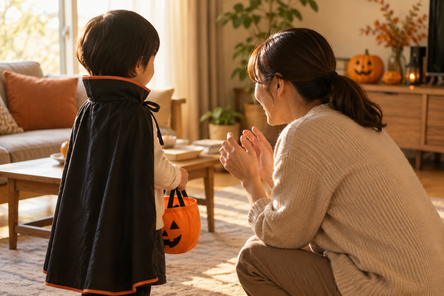 仮装した子どもと保護者が家でハロウィンの声かけを練習する様子