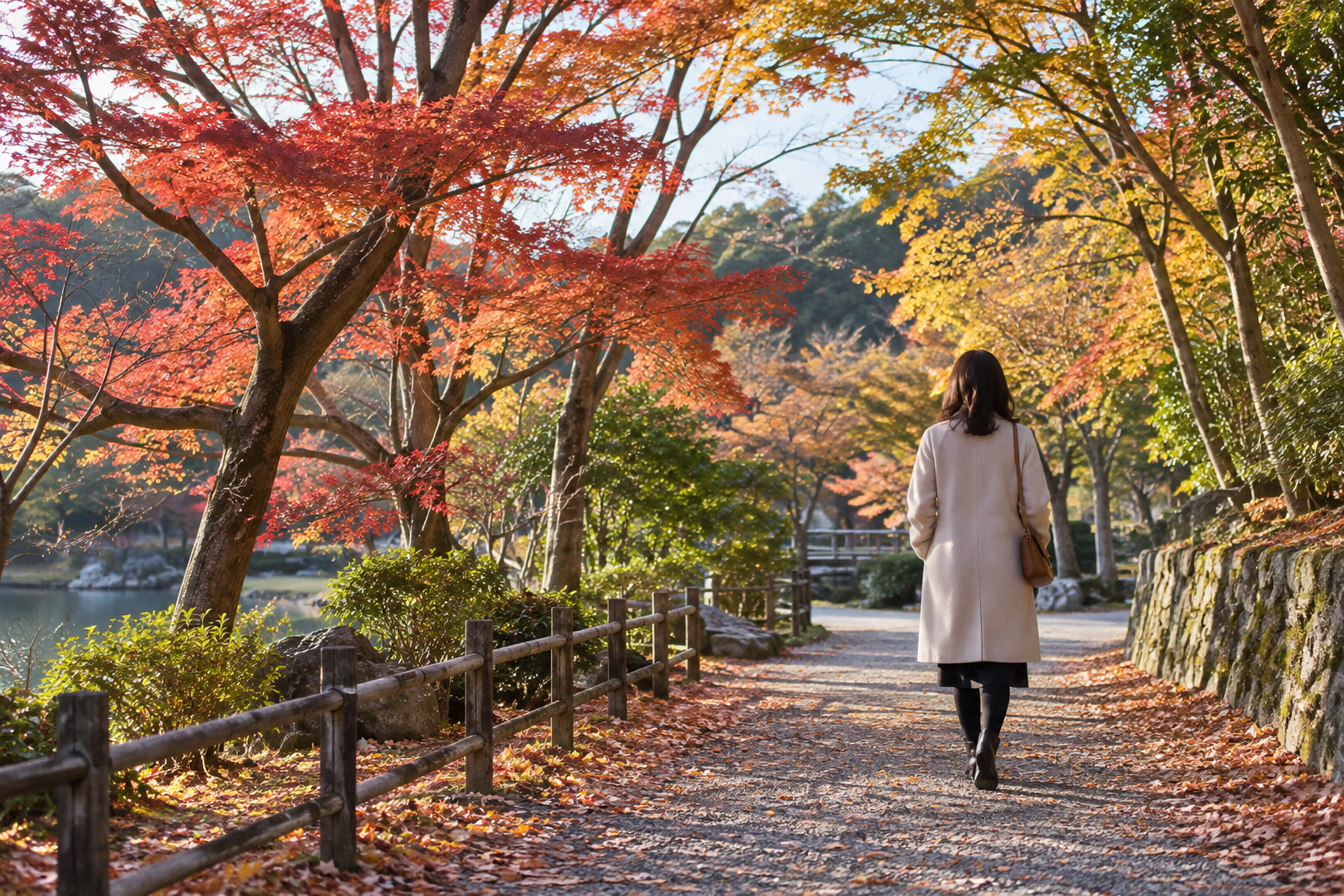 紅葉の残る公園をコート姿で歩く後ろ姿