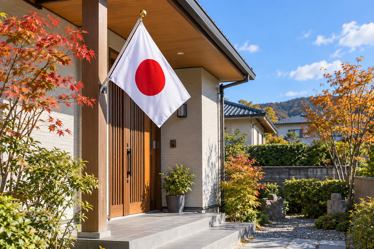 秋の住宅の玄関先に小さな国旗を掲げた様子