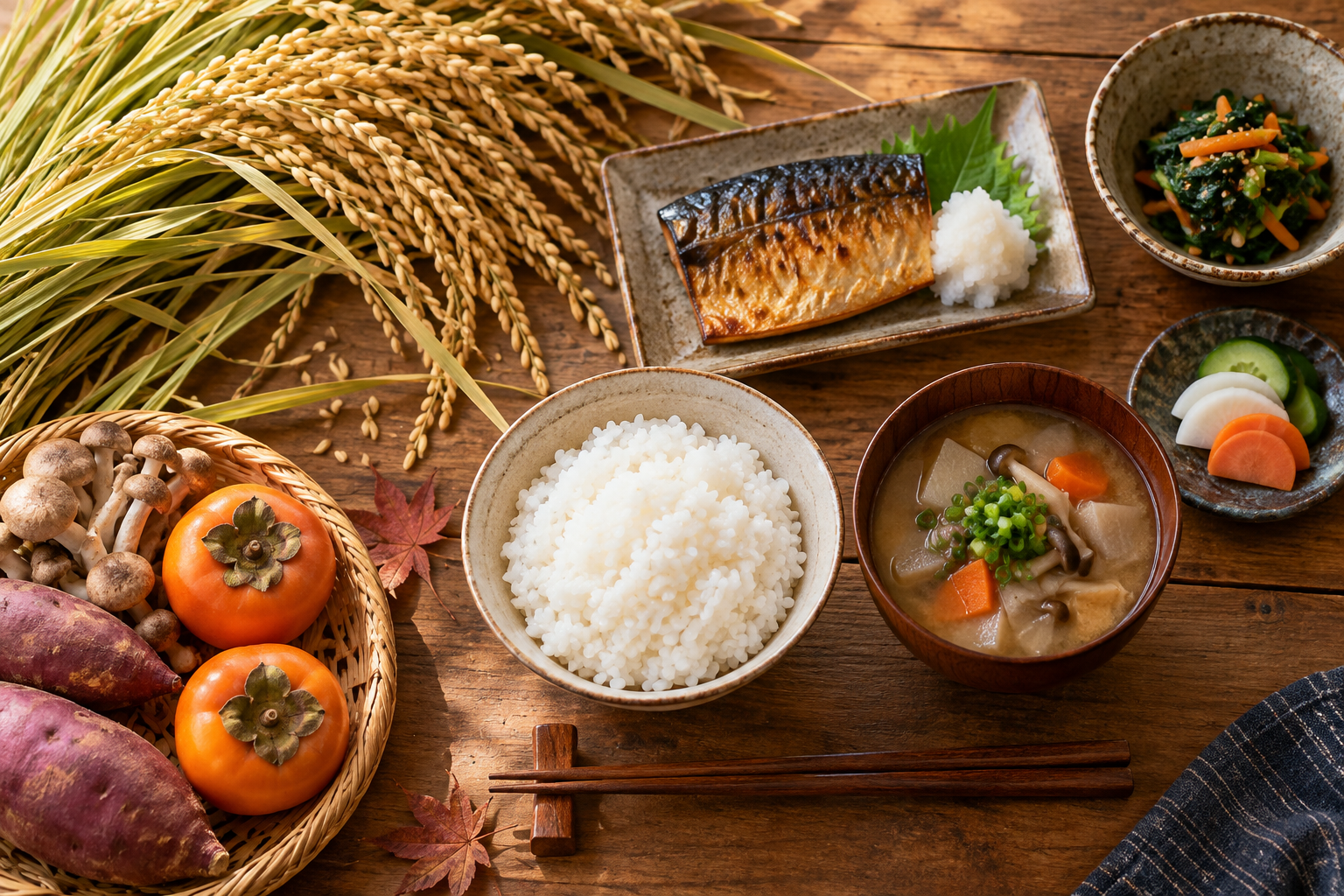 新米と秋の野菜、焼き魚を並べた食卓の俯瞰