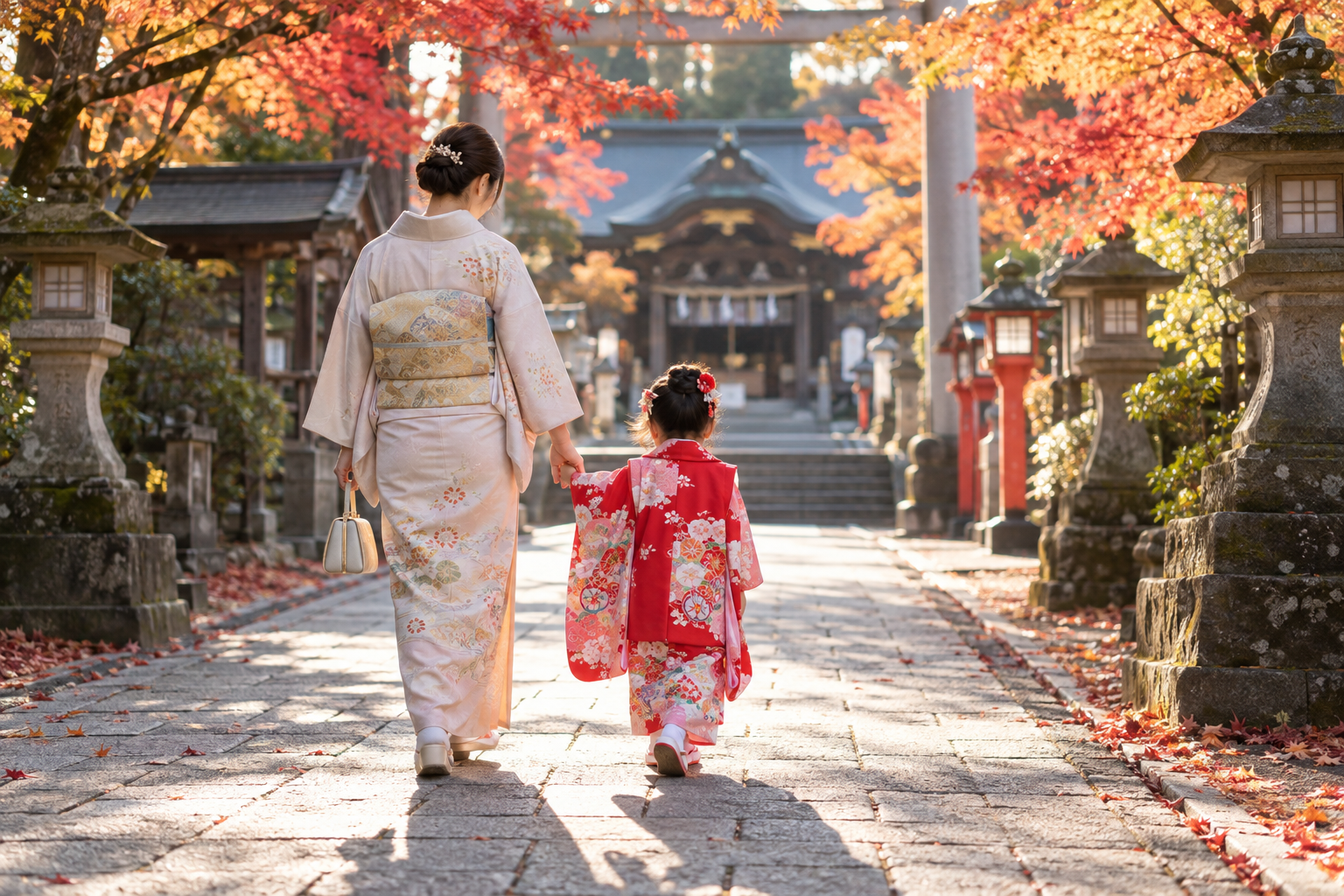 秋の神社の参道を歩く親子の後ろ姿