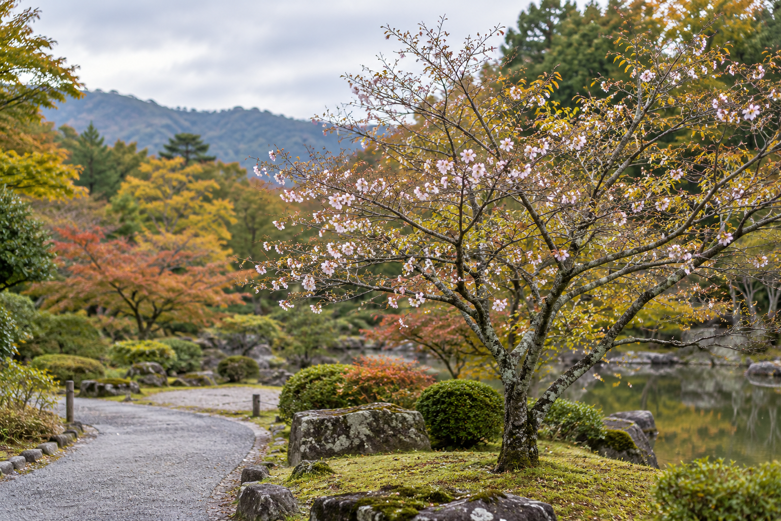 秋の庭園で少しずつ咲く十月桜の木