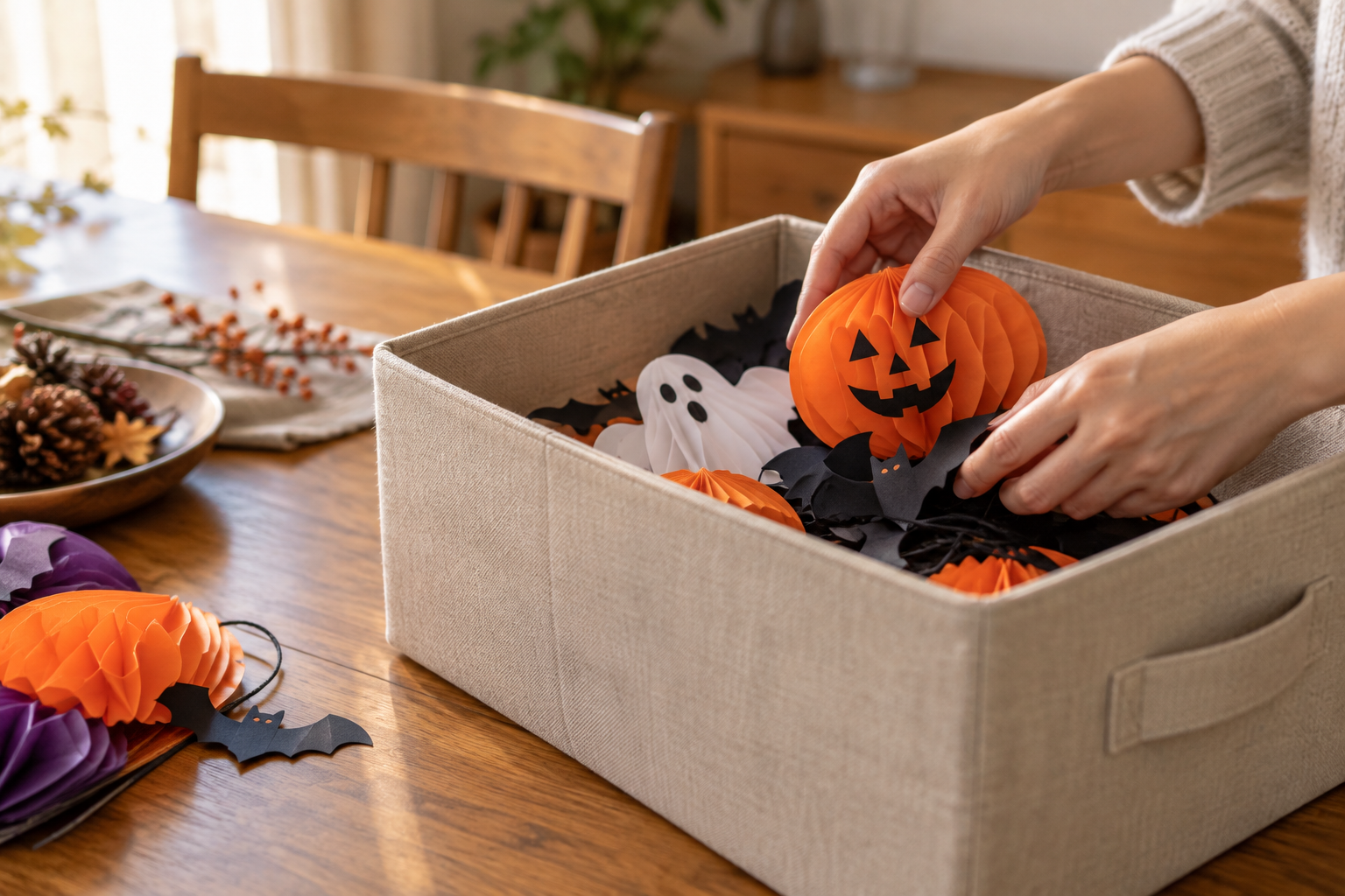 ハロウィンの紙飾りを布製の収納ボックスへしまう大人の手元