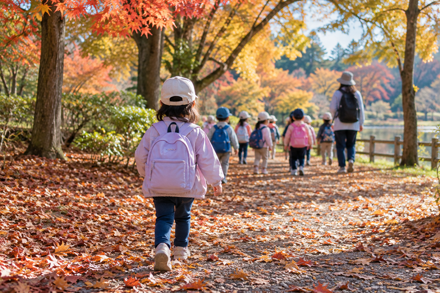 秋の公園を小さなリュックで歩く子どもの後ろ姿