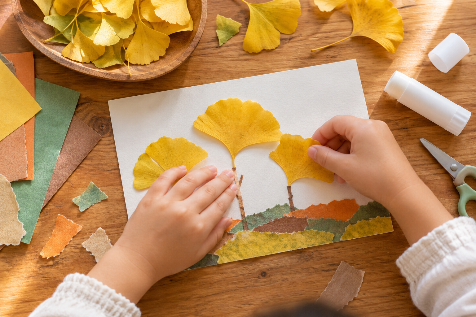 イチョウの葉で作品を作る子どもの手元