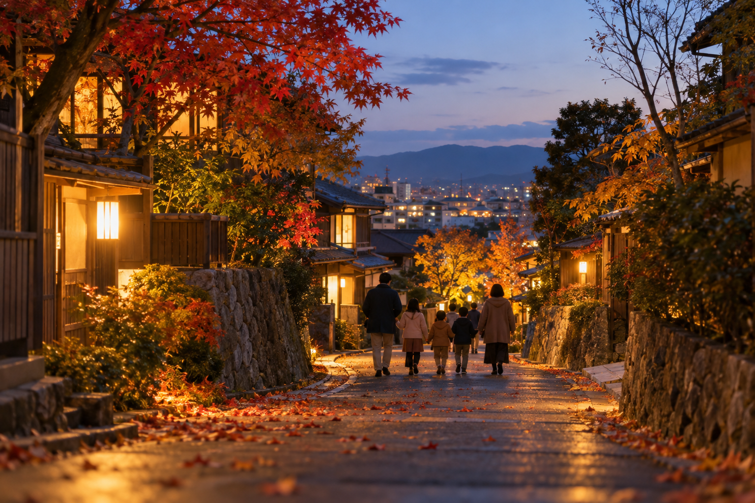 秋の夕暮れに家族がゆっくり歩く静かな地域の小径