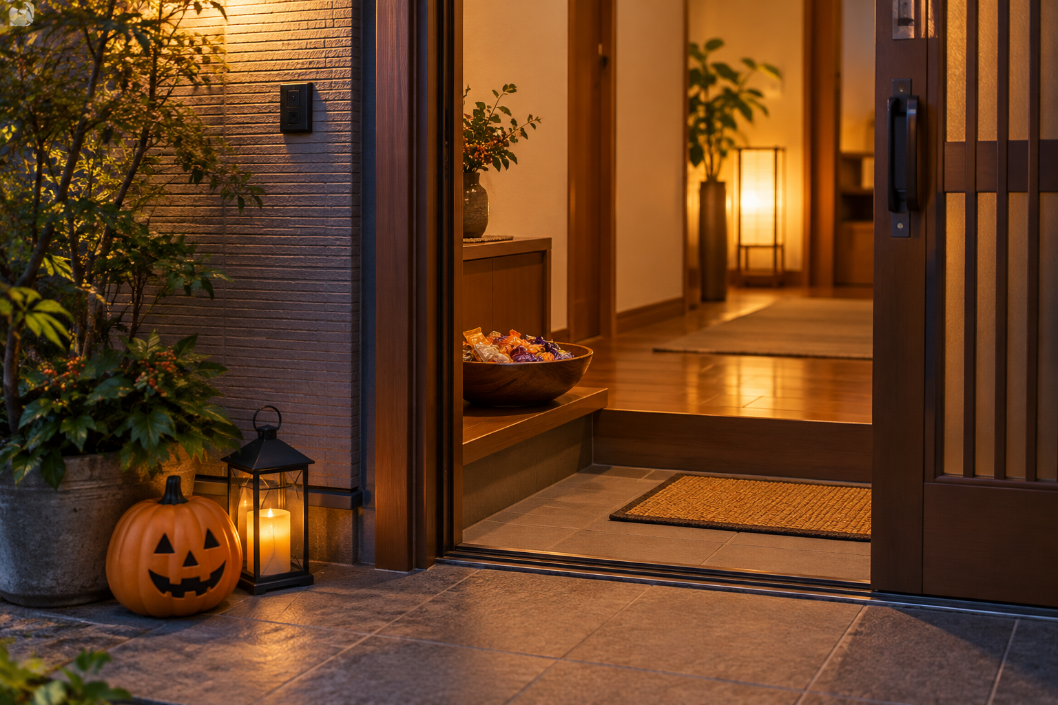 ハロウィンの飾りとお菓子の器を置いた夕方の家の玄関