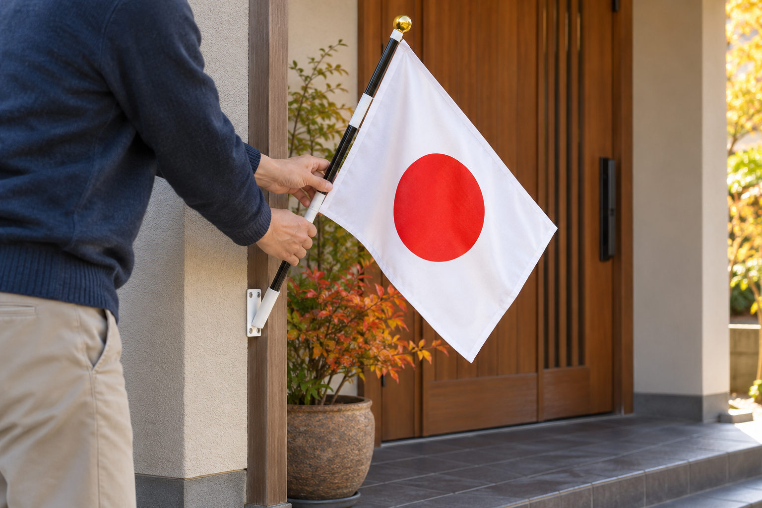 玄関のそばで小さな国旗を安全に取り付ける手元