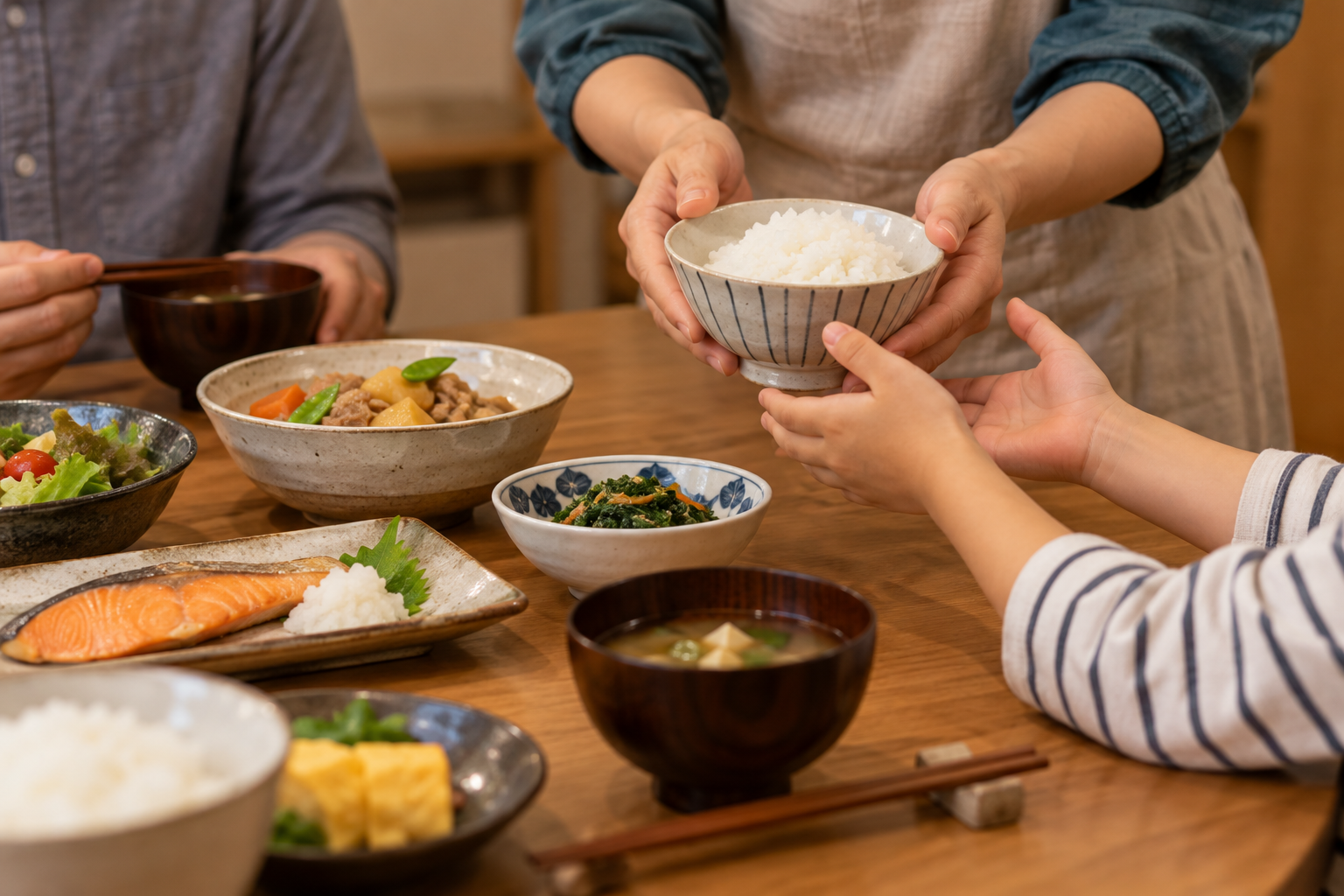 家族の手元でごはんの器を受け渡す夕食の場面