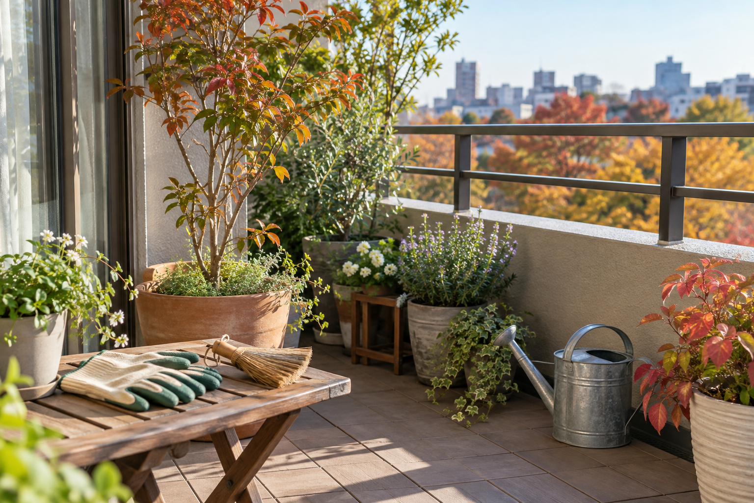 鉢植えと園芸道具を置いた秋のベランダ