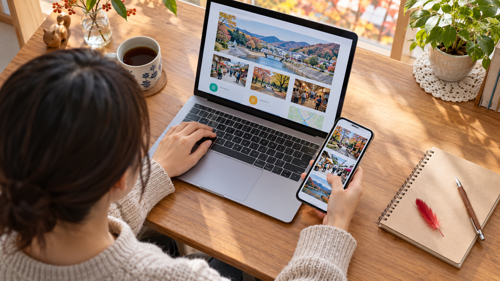 自宅で地域の情報をノートPCとスマートフォンで調べる様子