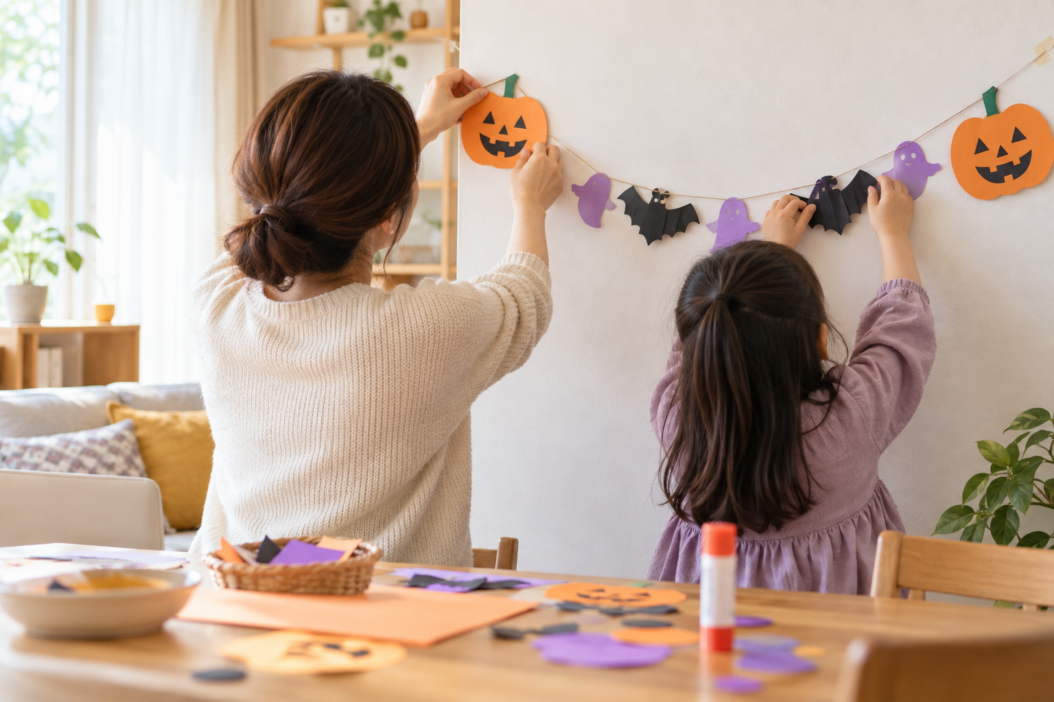 親子で紙のかぼちゃとガーランドを壁に飾る後ろ姿