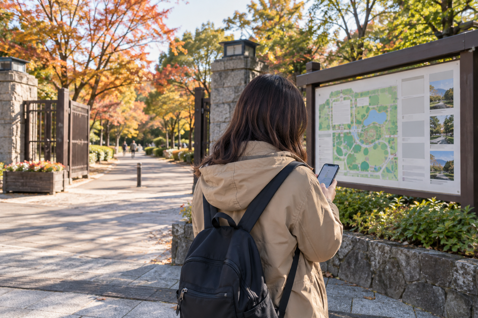 公園入口の案内板とスマートフォンの地図を確認する後ろ姿
