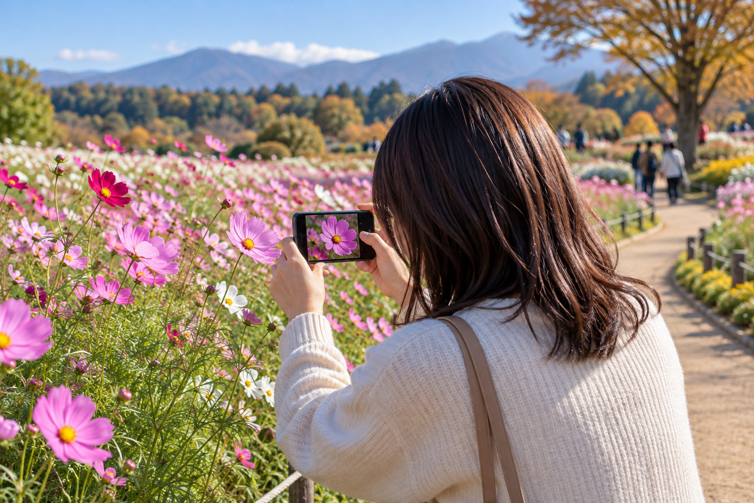 花畑の通路からコスモスをスマートフォンで撮影する人