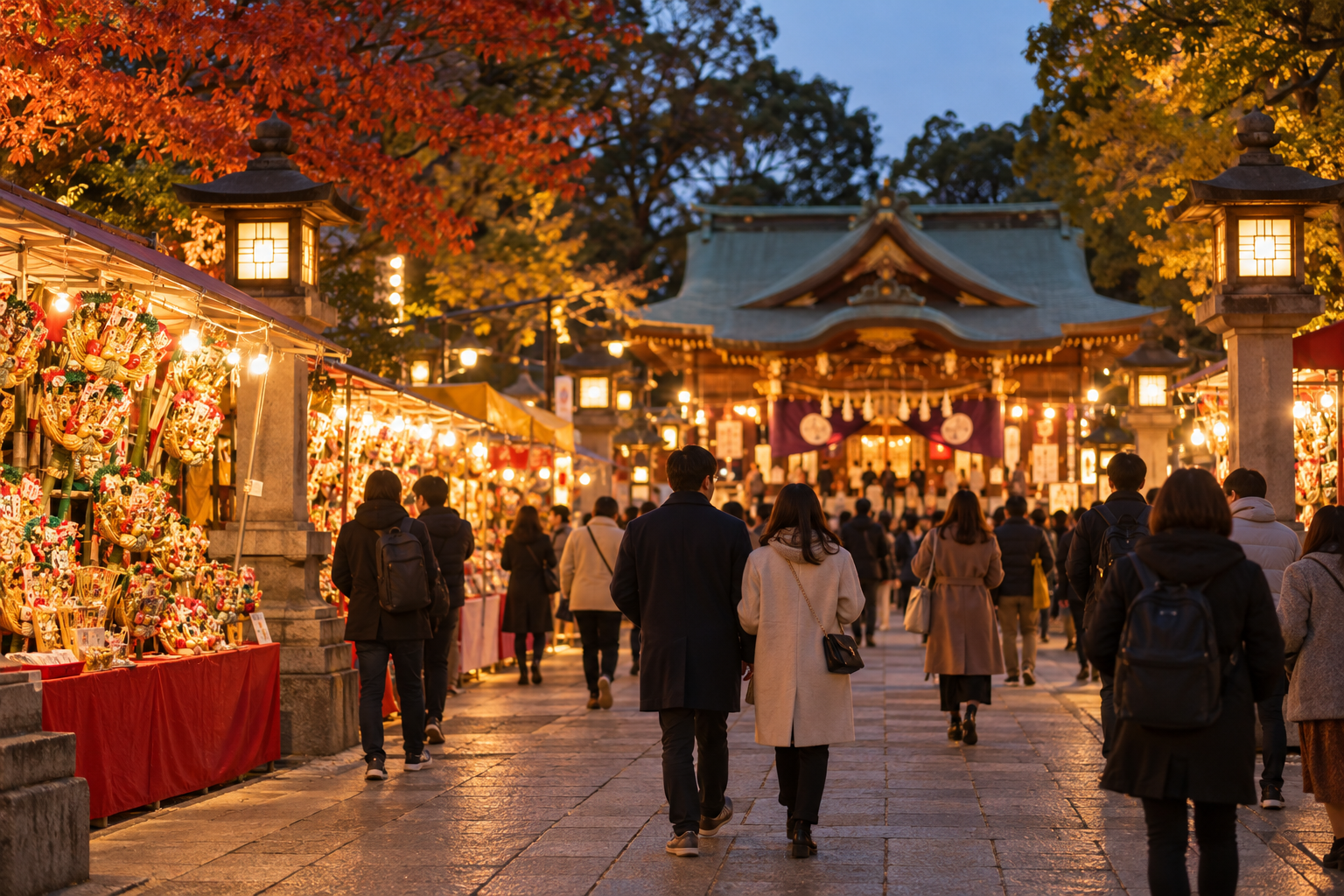 灯りのある神社参道をゆっくり歩く秋の来訪者たち