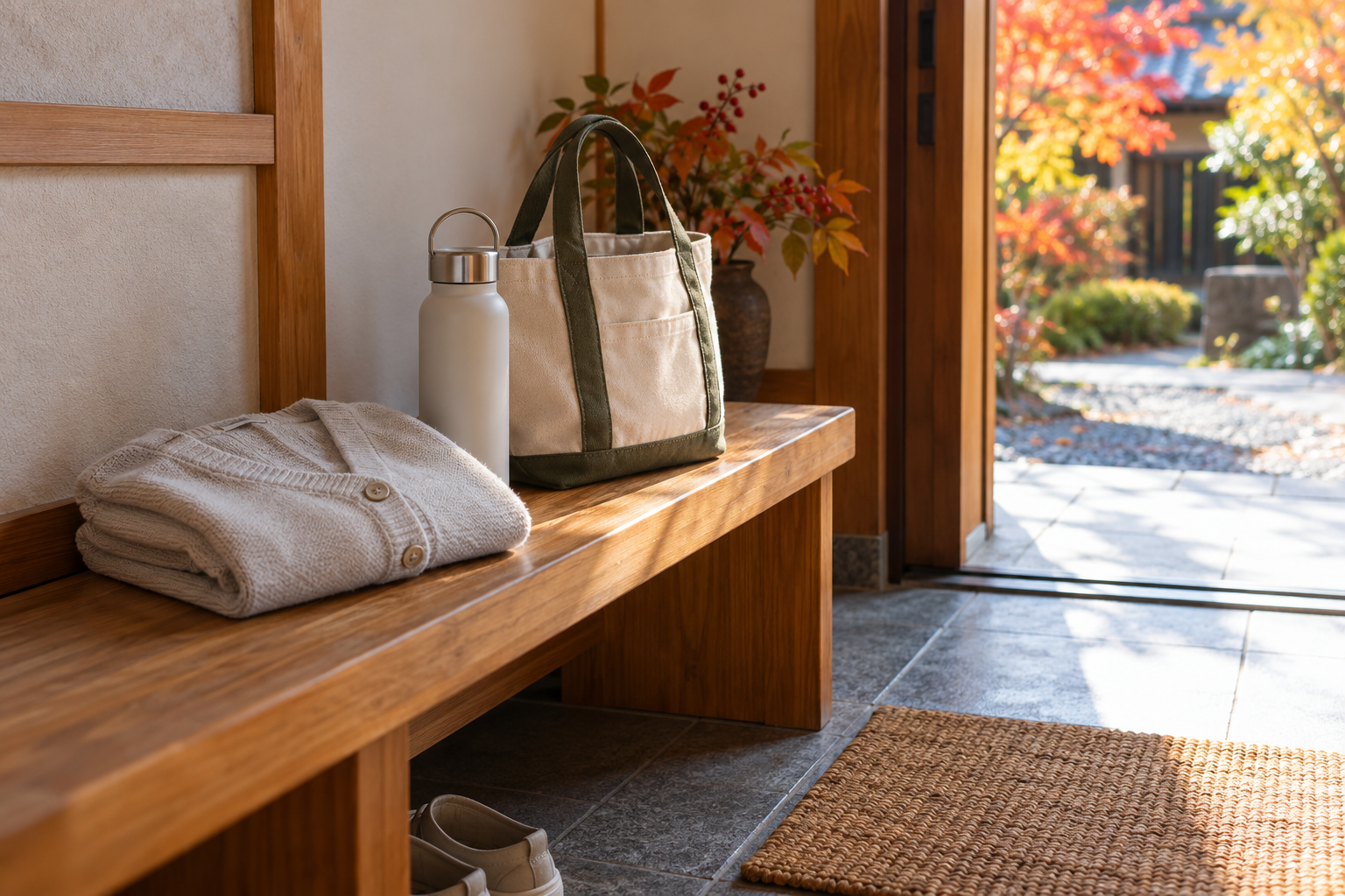 薄手の上着と水筒を置いた秋の玄関