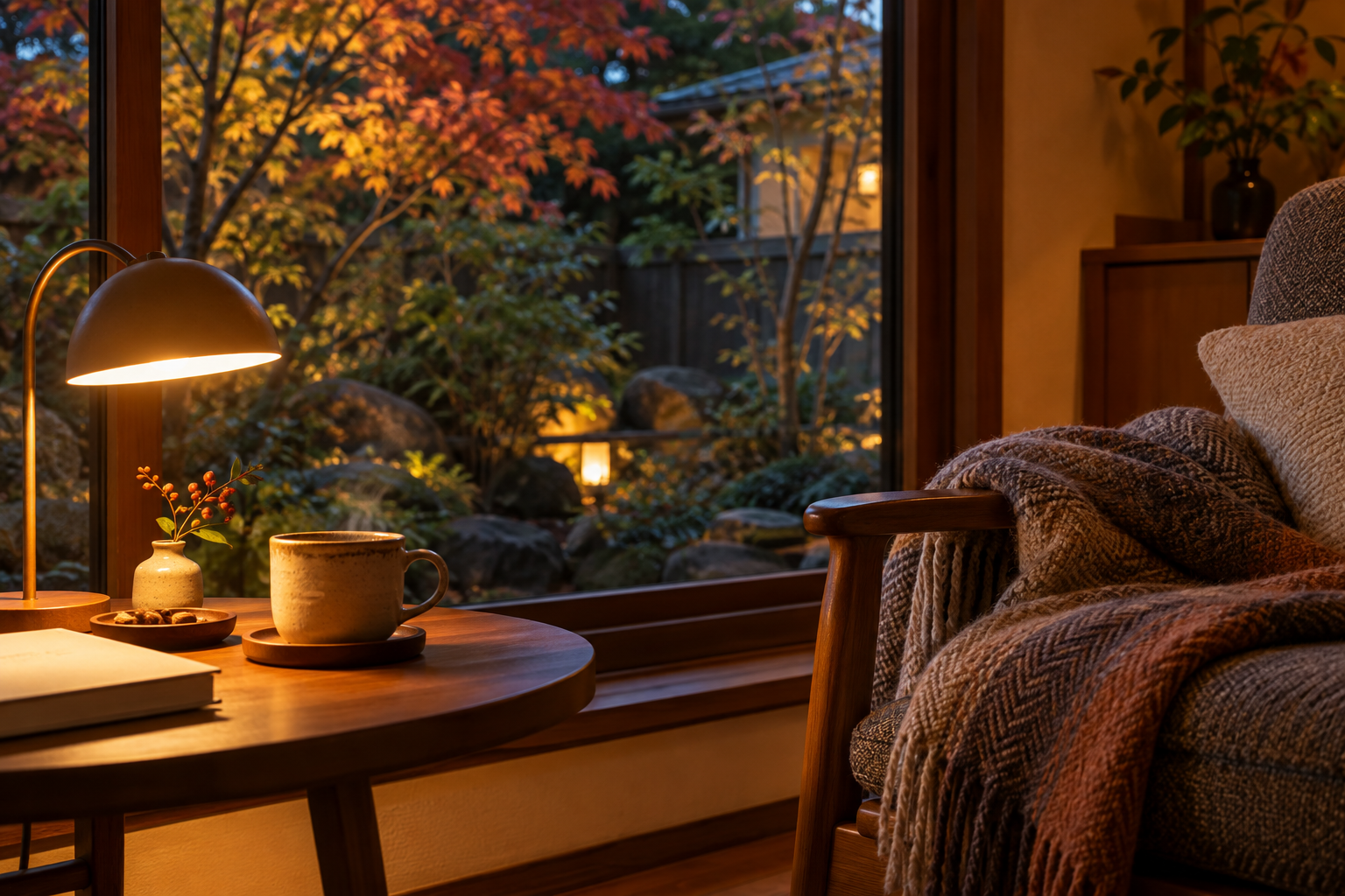 秋の夕方の部屋に置いた温かい飲み物とひざ掛け