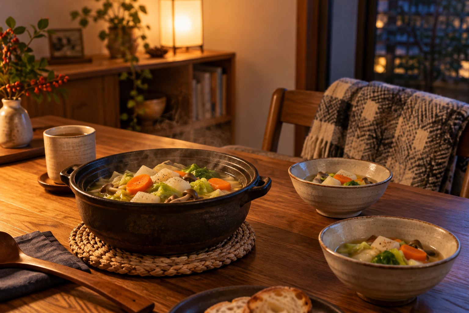 温かい野菜スープとひざ掛けのある初冬の食卓