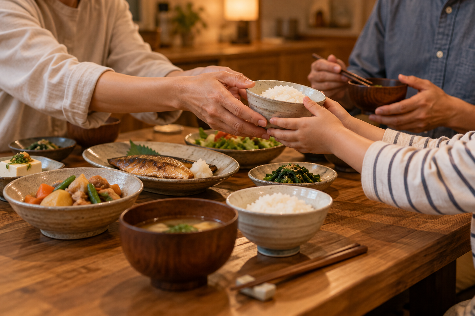 炊きたてのごはんと秋の柿を置いた明るい台所