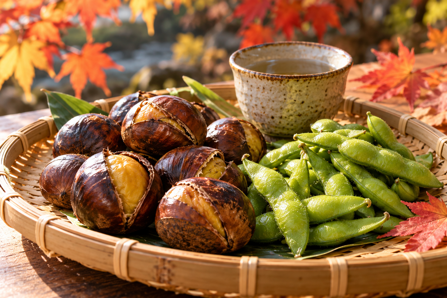 竹かごに入れた栗と枝豆の秋の静物