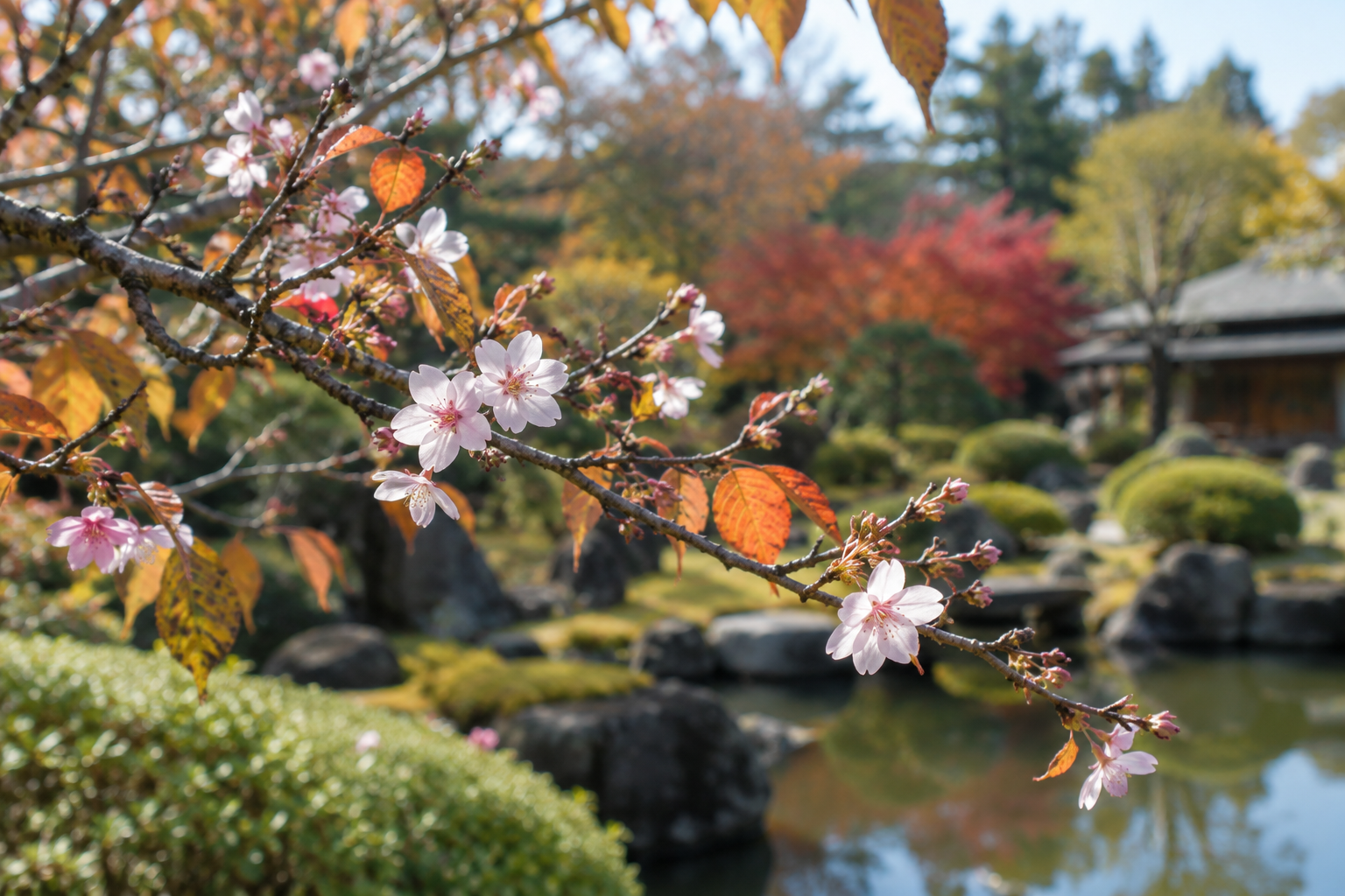 秋の葉のそばに点々と咲く十月桜