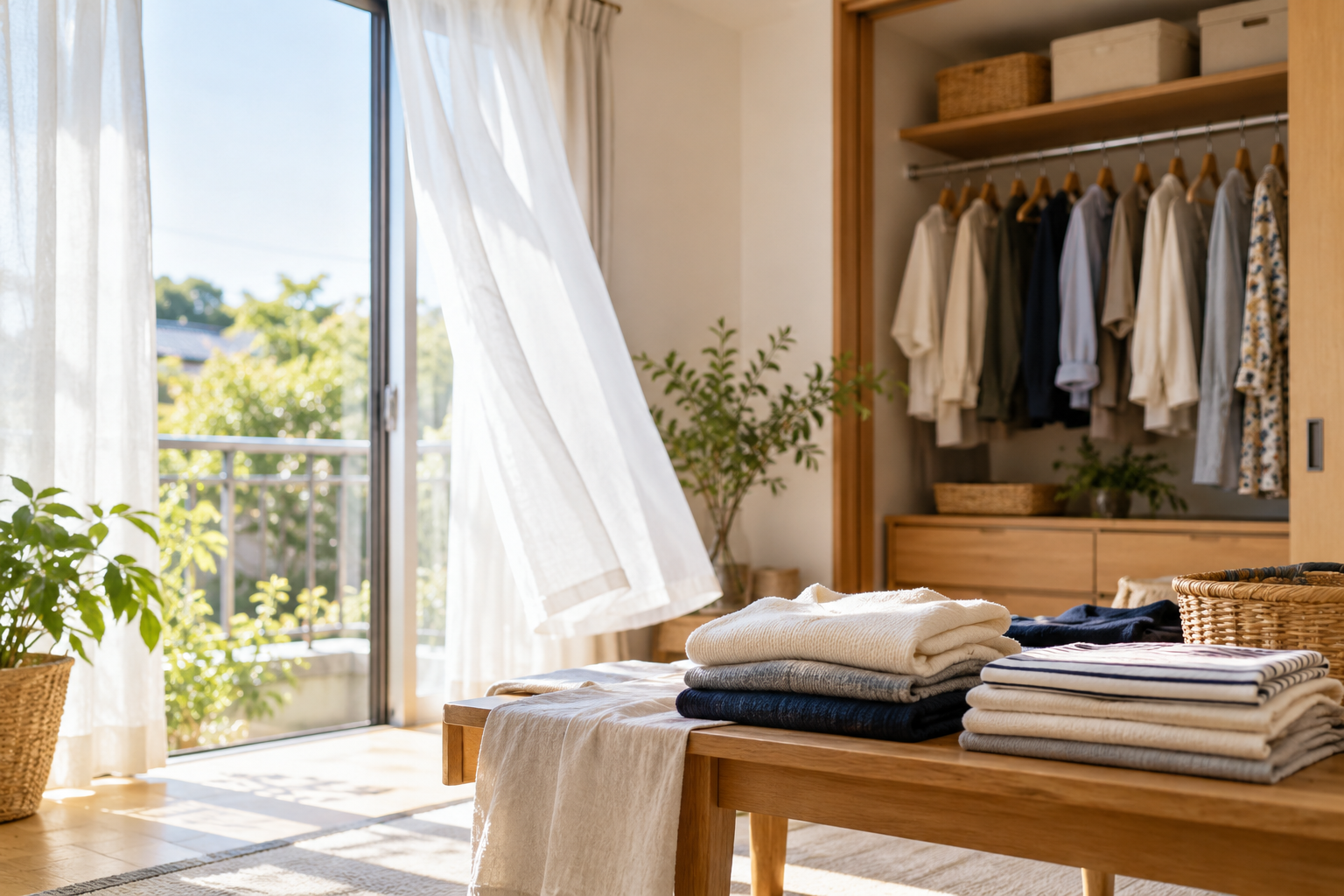 窓を開けて換気しながら衣替えをする明るい部屋