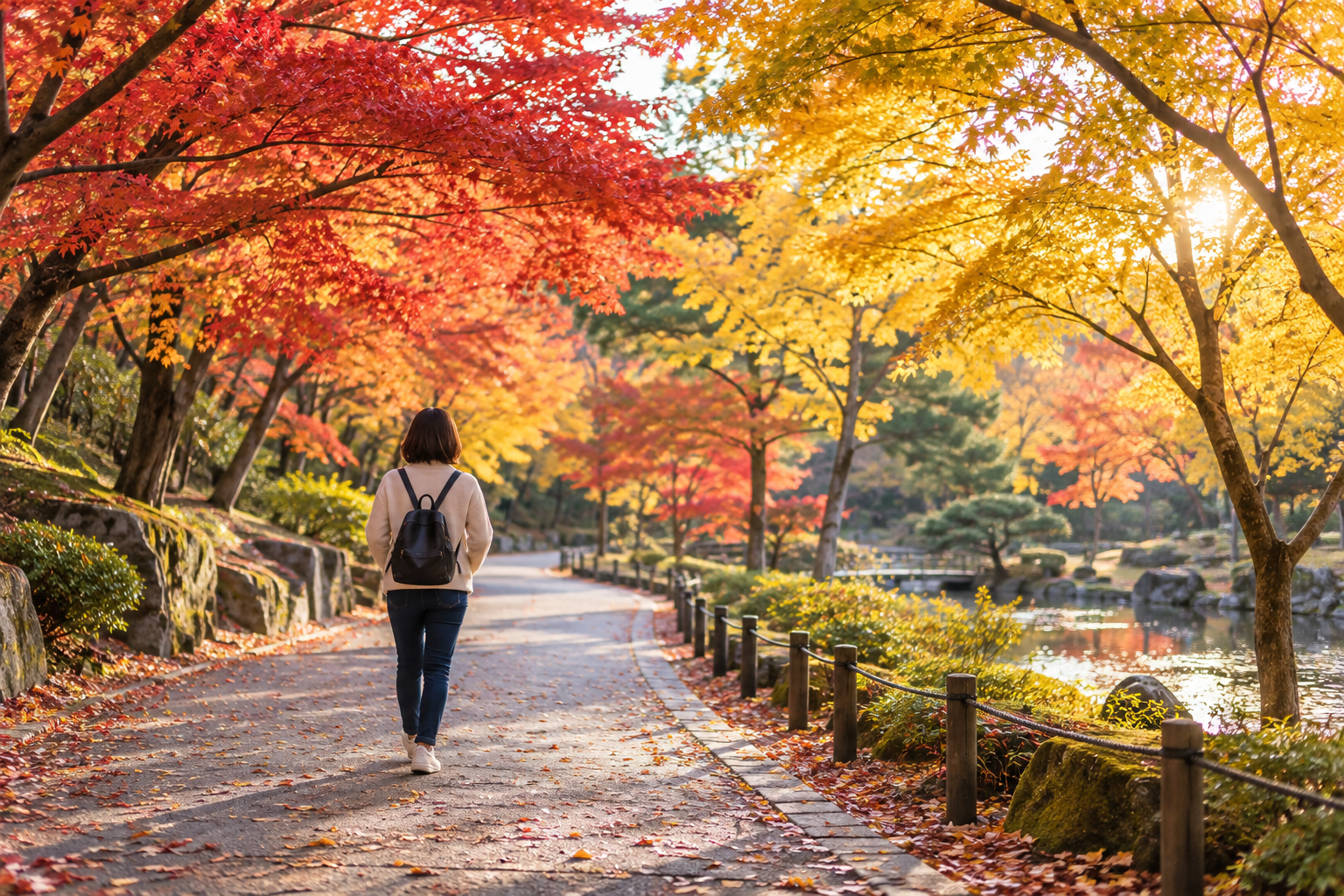 紅葉の木々が並ぶ公園道を散策バッグで歩き出す後ろ姿