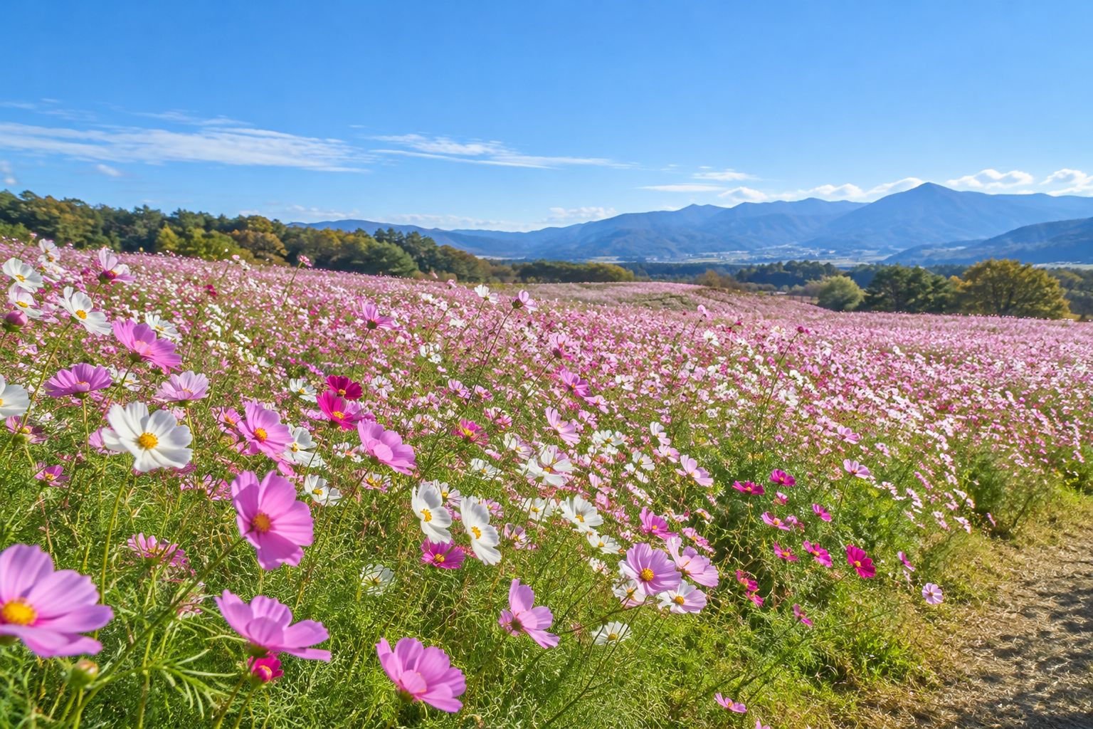 秋空の下に広がるピンクと白のコスモス畑