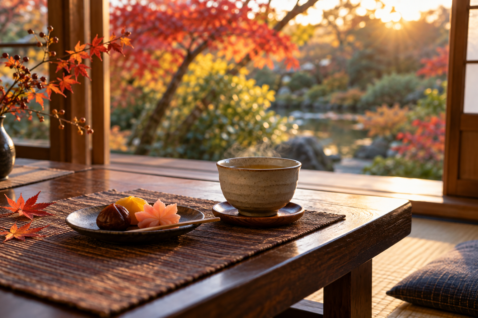秋の庭を眺めながら温かいお茶と和菓子を楽しむ静かな時間