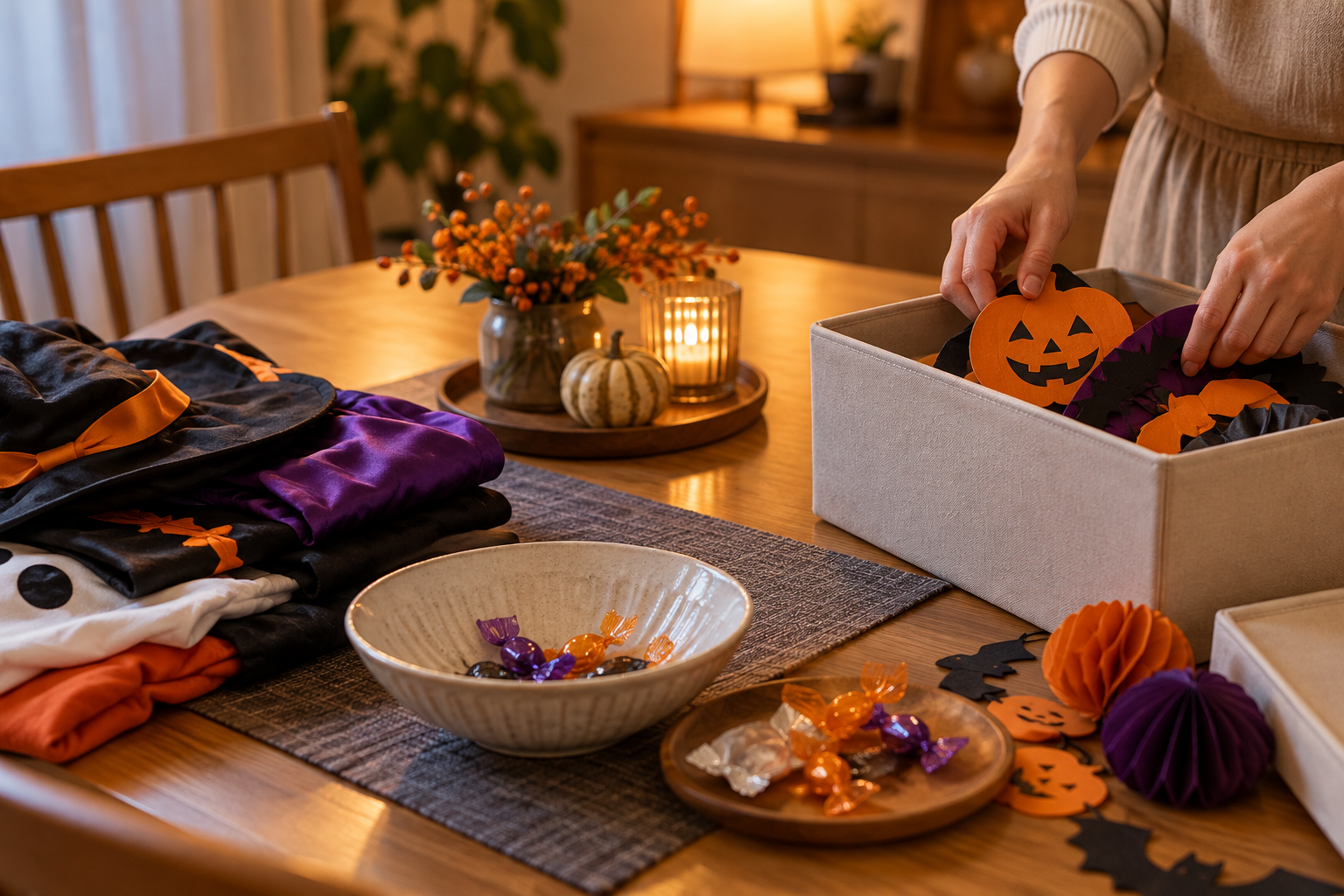 ハロウィンの衣装と飾りを収納箱に片付ける手元