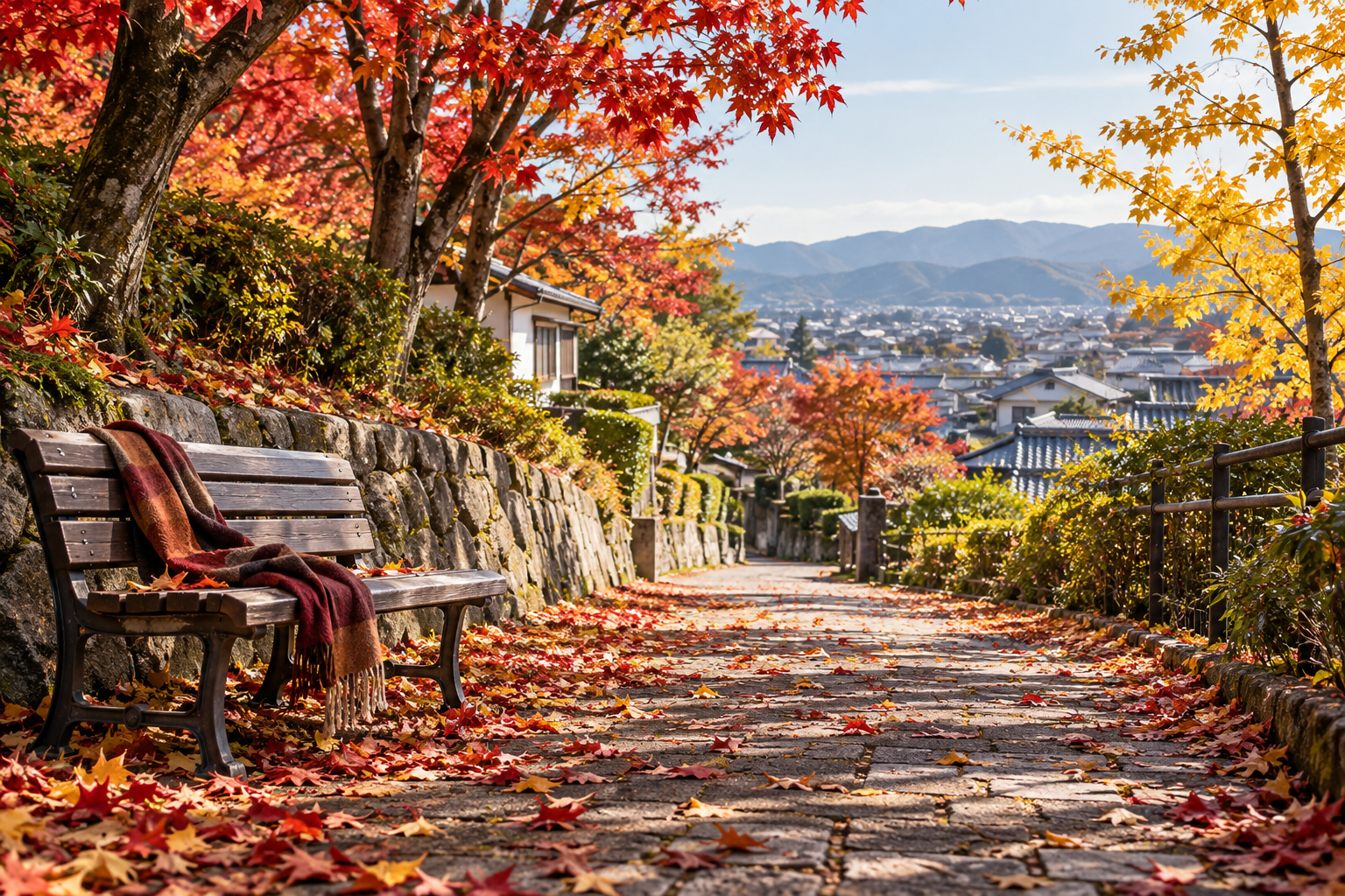 紅葉した木々が並ぶ晩秋の住宅街の小道