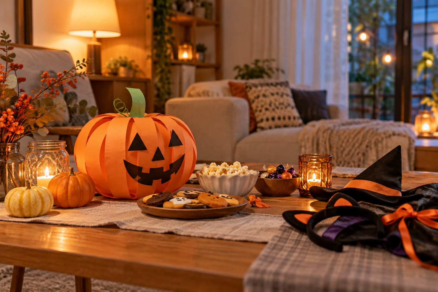 家庭で楽しむハロウィンの飾りとお菓子のテーブル