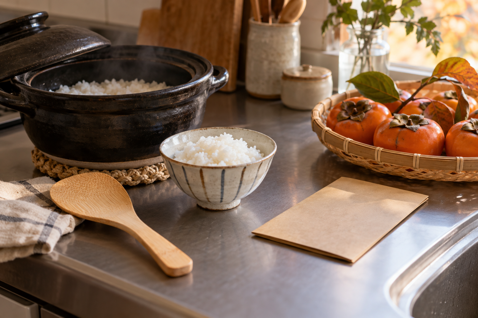 秋の庭を望む窓辺の落ち着いた食卓
