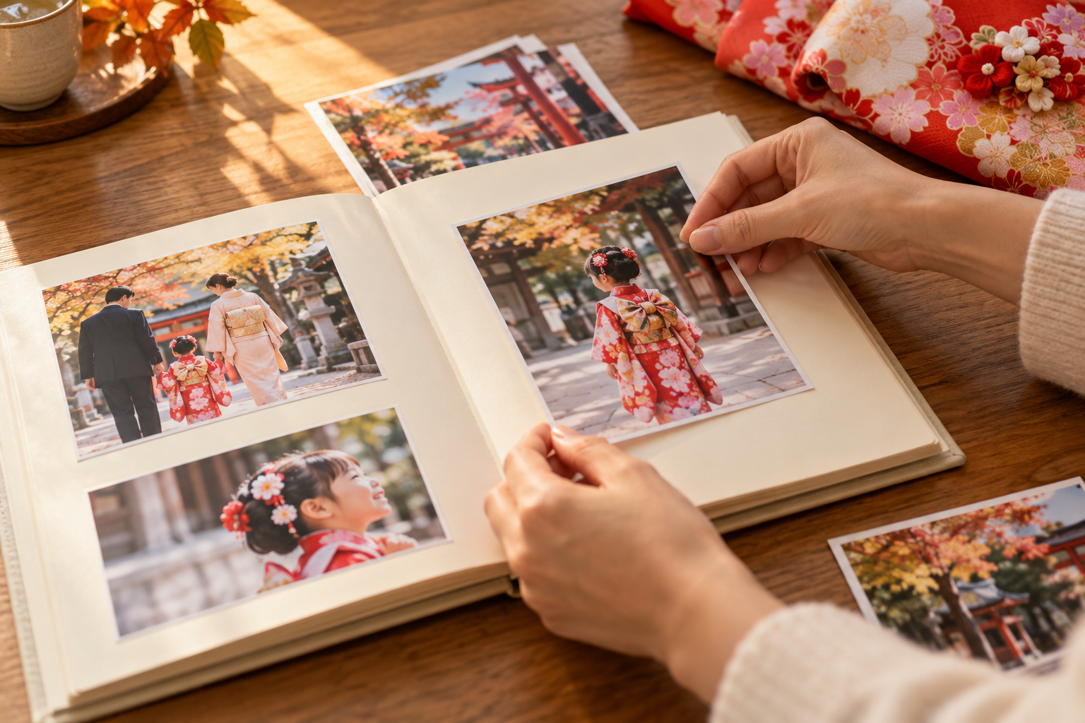 家族写真を写真台紙へ整理する手元