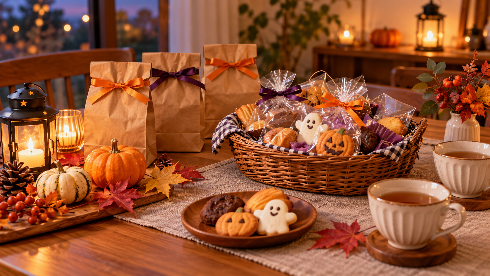 お菓子と小さなかぼちゃ飾りを置いた家庭のハロウィンテーブル