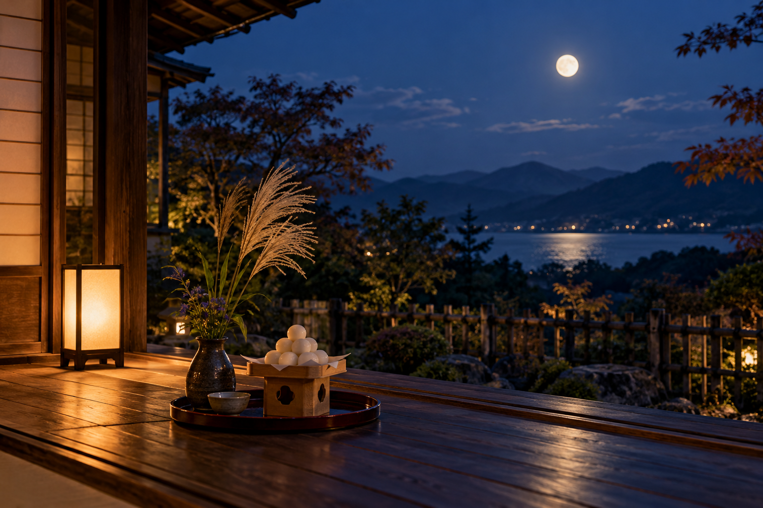 月と灯りが見える秋の夜の縁側