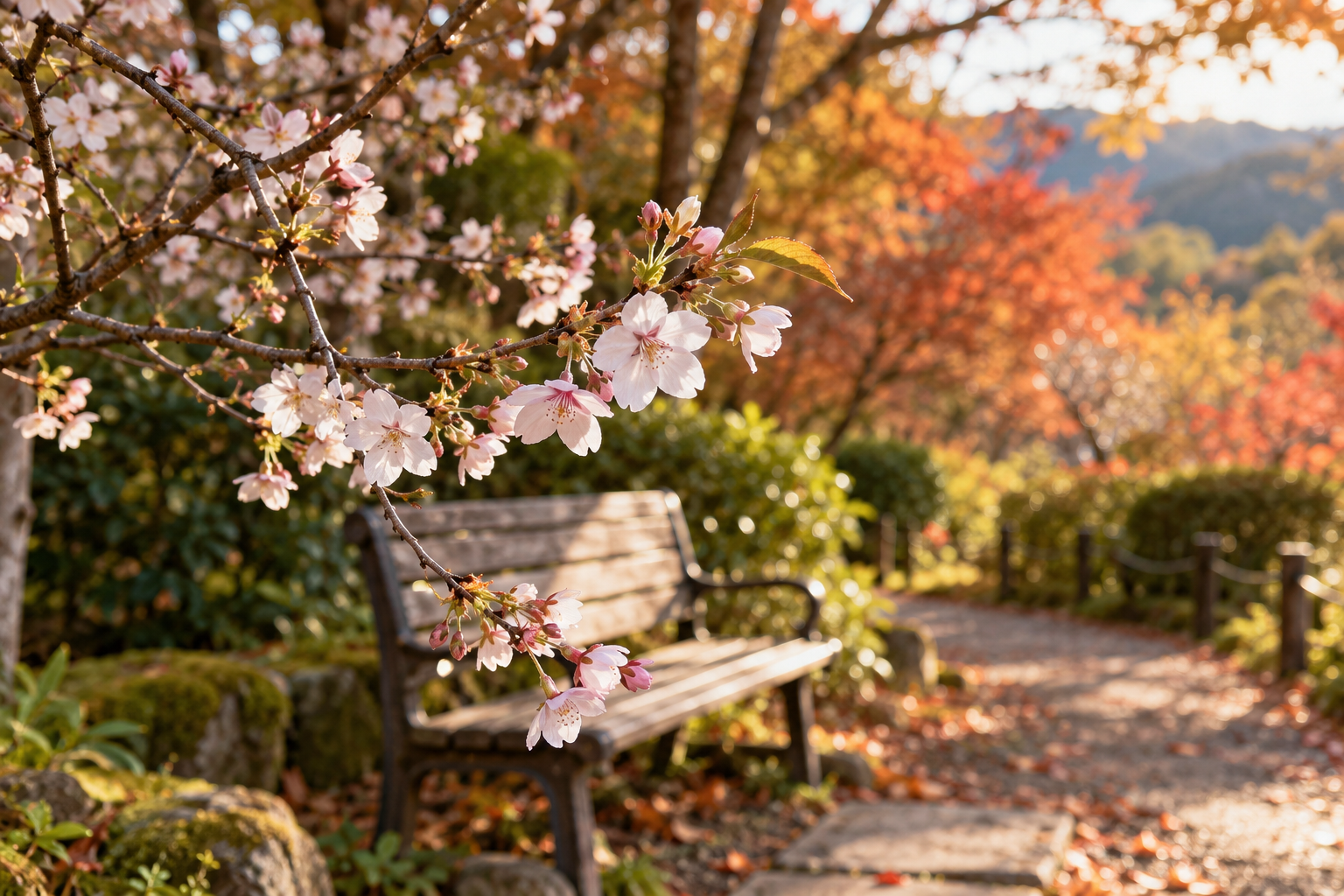 ベンチのある秋の庭で咲く十月桜の枝